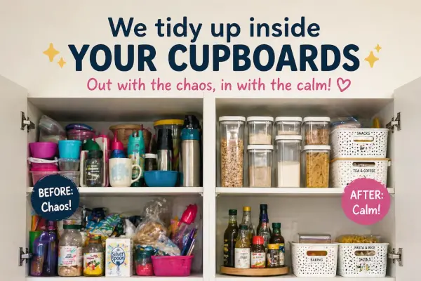 Organized kitchen cupboard with neatly arranged shelves and stored items after tidy-up service by Em & L Cleaning Services, creating a clean and clutter-free home environment.
